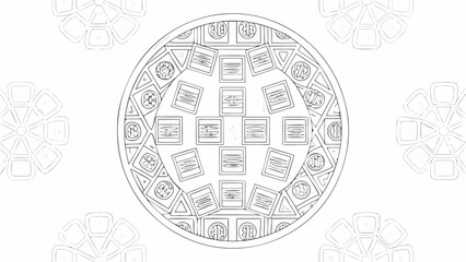 Wall Mural - Circular design featuring geometric shapes and patterns with floral elements surrounding the central motif