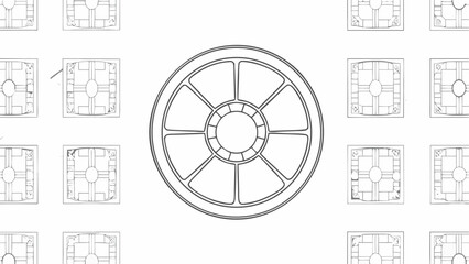 Illustration showing a circular design with radial segments surrounded by repeating square motifs pattern