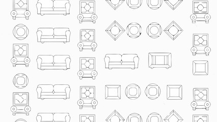 Wall Mural - Outlined furniture arrangement featuring sofas chairs and geometric shapes in a repeated pattern design