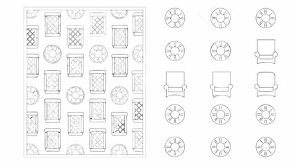 Illustration featuring a pattern of containers and circular designs alongside individual chair and circle motifs