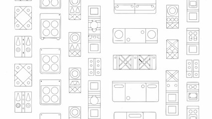 Wall Mural - A repeating pattern of abstract geometric shapes in black outlines on a white background design layout
