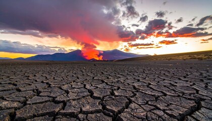Cracked earth foreground against dramatic orange and purple sunset sky with distant mountains