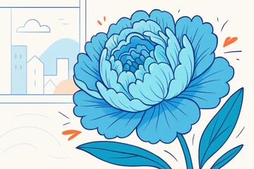Wall Mural - Large stylized blue flower with bold outlines and leaf details on a light background with a window showing a minimal cityscape and hills. Ai generative