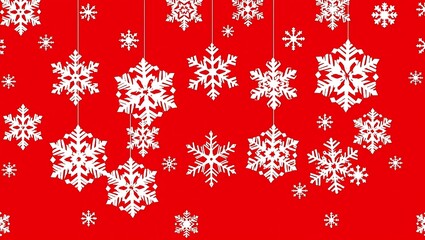 Wall Mural - Festive white seamless snowflake border isolated on red background, Vector illustration, merry xmas snow flake header,Christmas design for postcard or greeting card. banner, wallpaper or backdrop