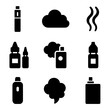 © CrazyJuke - E-cigarette Icons and Vape Accessories: A collection of monochrome icons depicting various vaping devices, clouds of vapor, and e-liquid bottles, a visual guide to the world of electronic cigarettes.