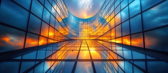 Wall Mural - Sunset reflected in modern glass building.