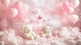 Two teddy bears on fluffy cloudscape with heart balloons