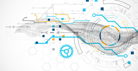 Wall Mural - abstract data background with wireframe wave and circuit lines. technology concept. vector