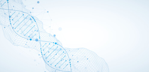 Wall Mural - abstract image of dna molecule on wireframe wave. scientific vector background.
