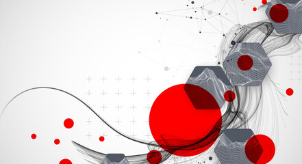 Wall Mural - Scientific and technological background. Wave with wireframe  hexagons of different types on a gray gradient.