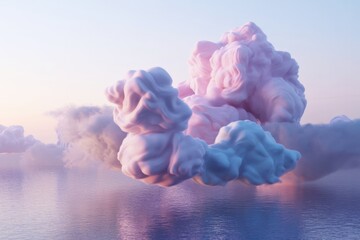 Wall Mural - Surreal pastel-colored clouds floating over calm water surface with soft twilight light in dreamy atmosphere and peaceful scenic background. Ai generative