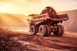 © Pixels Hunter - Heavy mining dump truck unloading rocks at sunrise in quarry with dramatic light rays and dusty terrain in industrial excavation concept background. Ai generative