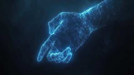 Wall Mural - A blue, digital hand points downward, formed by interconnected lines and dots, on a dark background