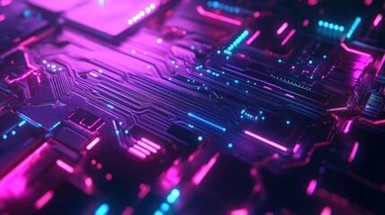 Wall Mural - Close-up view of illuminated circuit board with vibrant blue and purple neon lights