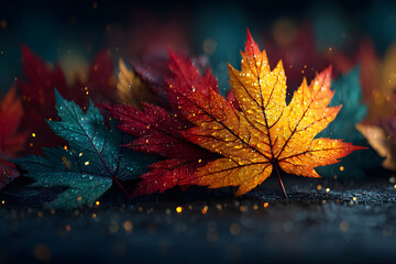 Wall Mural - Vibrant Autumn Leaves with Dew Drops on Dark Background for Seasonal Design