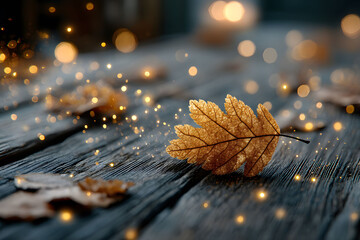 Wall Mural - Golden Autumn Leaf on Rustic Wood with Magical Bokeh for Seasonal Design