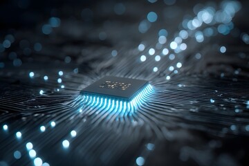 Wall Mural - 3D render of blue glowing data flowing around a chip in the center on a dark background with a bokeh effect, close-up.