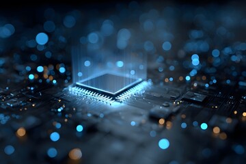 Wall Mural - 3D render of blue glowing data flowing around a chip in the center on a dark background with a bokeh effect, close-up.