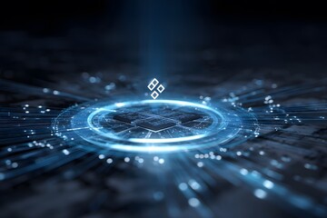 Wall Mural - 3D render of blue glowing data flowing around a chip in the center on a dark background with a bokeh effect, close-up.