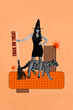 © deagreez - Composite zine image pop trend collage of serious witch girl hold broom trick or treat leopard wild animal walk masquerade party