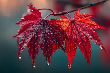 Wall Mural - Vibrant Autumn Leaves with Water Droplets for Nature Photography and Design