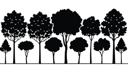 A horizontal image showcasing a collection of stylized tree silhouettes against a white background.