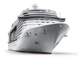 Full shot of a large, modern cruise ship against a plain white background.