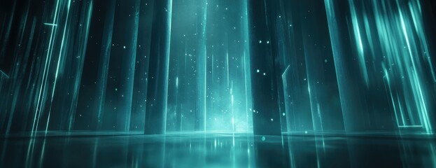 Wall Mural - Cyan blue vertical beams of light with futuristic sparkles background architecture environment.