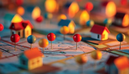 Miniature houses on a map, illuminated by warm light
