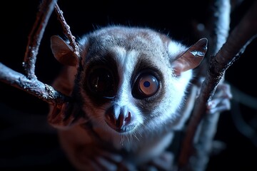 a slow loris hanging from a tree branch in the dark, with its large, glowing eyes captivating the vi