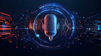 Wall Mural - Mic surrounded by glowing rings & digital circuit