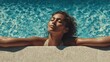 © Bee - Serene Moment by the Pool: A young woman revels in the peace of a sunny day, her eyes closed as she luxuriates in a tranquil pool environment. capturing the calm and leisure.