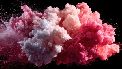 Abstract cloud of vibrant pink, peach, and white ink exploding and swirling in a dynamic, textured display against a black background