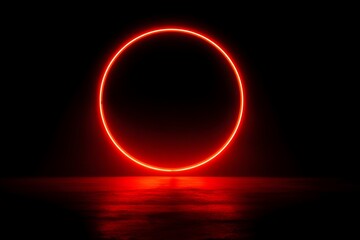 Wall Mural - A red, glowing neon light line forming a circle on a black background.