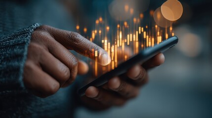 A hand using a smartphone displays financial data visualizations, depicting market trends with glowing bars and signals.