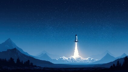 Wall Mural - Rocket launch at night over mountains