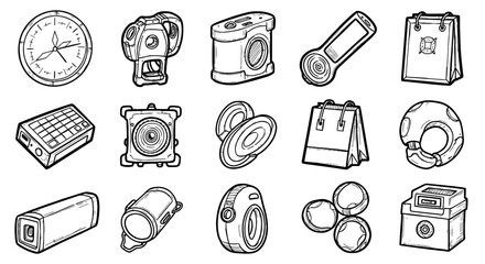 Line sketch random object icon set. Hand drawn doodle sketch drawing line clock, speakers, bag, toy and device element. Pen line object design scribble shape icon