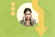 © deagreez - Collage of shocked young woman man reacting to financial loss with dollar signs and broken downward arrow