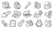 © Mandeep - Line art sketch gadget device object set. Hand drawn doodle camera, alarm clock, laptop computer. Simple outline tech illustration.