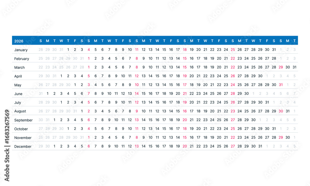 Calendar 2026 year. Week starts on Sunday. Vector illustration Stock ...