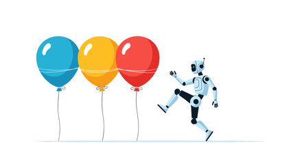 Futuristic robot chases colorful balloons, embodying AI advancement and playful innovation in technology.