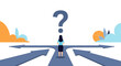 © Antu - Woman faces branching paths under a large question mark symbolizing choice and decision making.