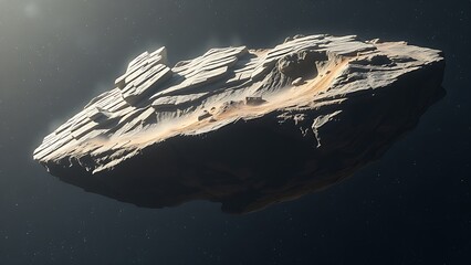 A massive floating landmass crumbling in space, ancient layers disintegrating into stardust.