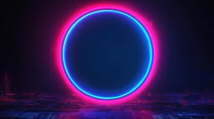 Wall Mural - Futuristic neon circle on a textured surface with circuitry. Dark background. Glowing blue and pink