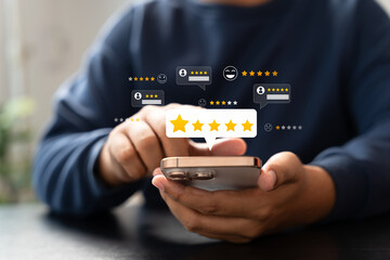 Canvas Print - Online customer satisfaction Survey service concept, client rate service from experience in application,Consumer give five-Stars and feedback review for quality, Business reputation ranking from buyer