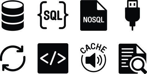 Collection of modern flat icons representing database and technology concepts