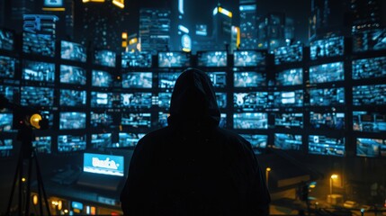 Person in dark hoodie facing curved wall of glowing video monitors in futuristic cyber environment at night symbolizing hacking, surveillance, cybercrime, data infiltration, and technology world