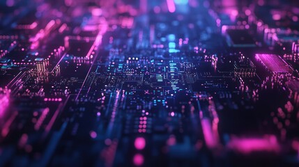 Wall Mural - Abstract circuit board, neon pink and blue lights glow