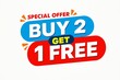 © Eti - Brightly colored buy two get one free special offer sign with a yellow burst and text on blue and red banners