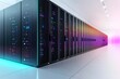 © TommyNa - Futuristic data center hallway with sleek black server racks glowing in blue, green, and purple neon lights, representing advanced cloud computing and IT infrastructure